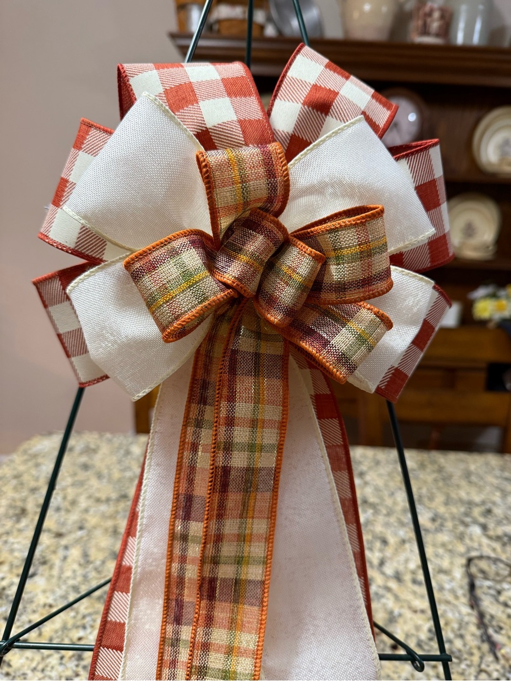 Handmade Decorative Fall Plaid Bow Ribbon - Cream and Orange